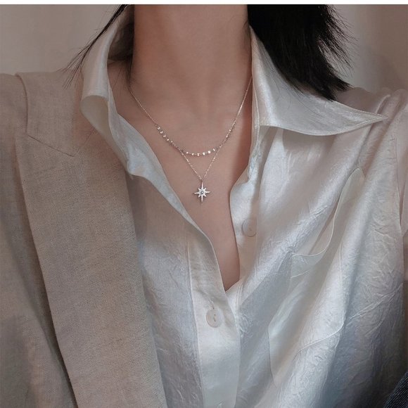 #NEW 925 Sterling Silver Diamond Pearl Star Double Layer Necklace - Picture 4 of 7